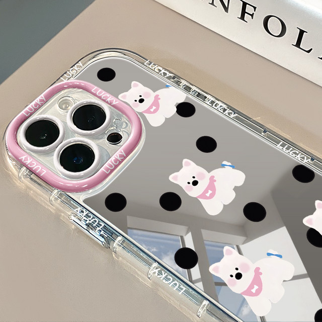 Handyhülle mit Polka Dot Hundemotiv für Apple iPhone Pro Max Plus und Air in Weiß mit Linsenring und Anti-Fall-Schutz - Bild 1