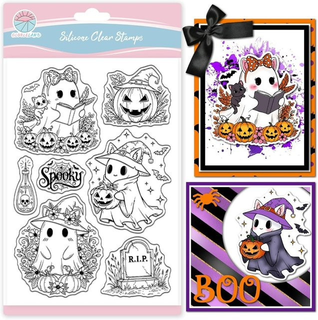 Transparenter Halloween Stempel mit Geisterkatzen und Kürbissen für die Kartenherstellung - Bild 1