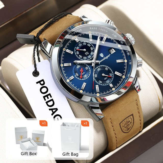 POEDAGAR Armbanduhr Chronograph, Quarz, Leder, Blau, Herren - Bild 1