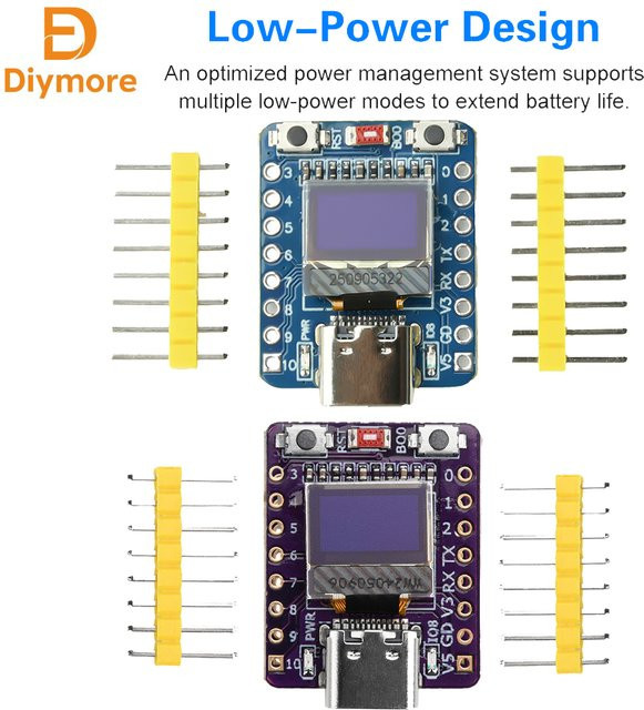 Diymore ESP32-C3 Supermini Entwicklungsboard mit 0,42 Zoll OLED-Display, Bluetooth und USB-C-Schnittstelle in Weiß und Blau - Bild 1