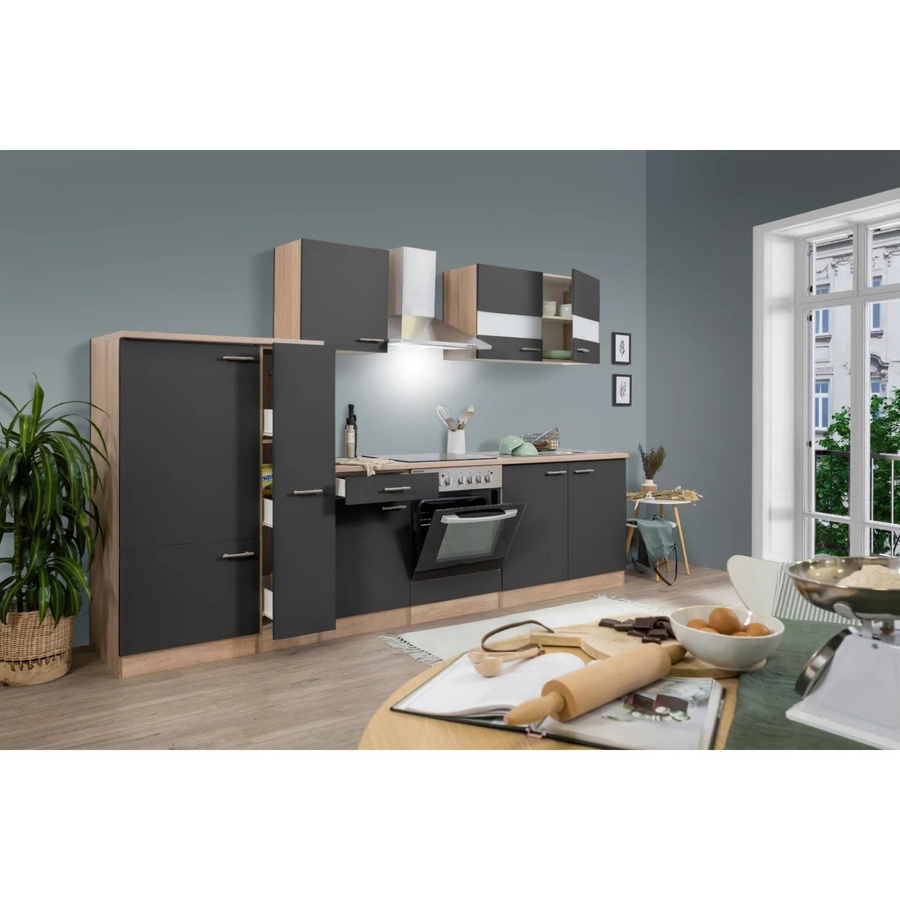 Respekta Küchenzeile KB300ESGC in Grau-Eiche Sägerau Nachbildung mit Glastüren und Soft-Close-Funktion, Breite: 300 cm - Bild 2