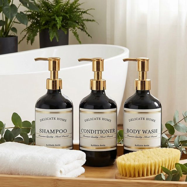 Schwarzes Nachfüllbares Duschflaschen-Set, 3er-Pack Kunststoff-Pumpflaschen für Shampoo, Conditioner und Duschgel, 500 ml pro Flasche - Bild 1