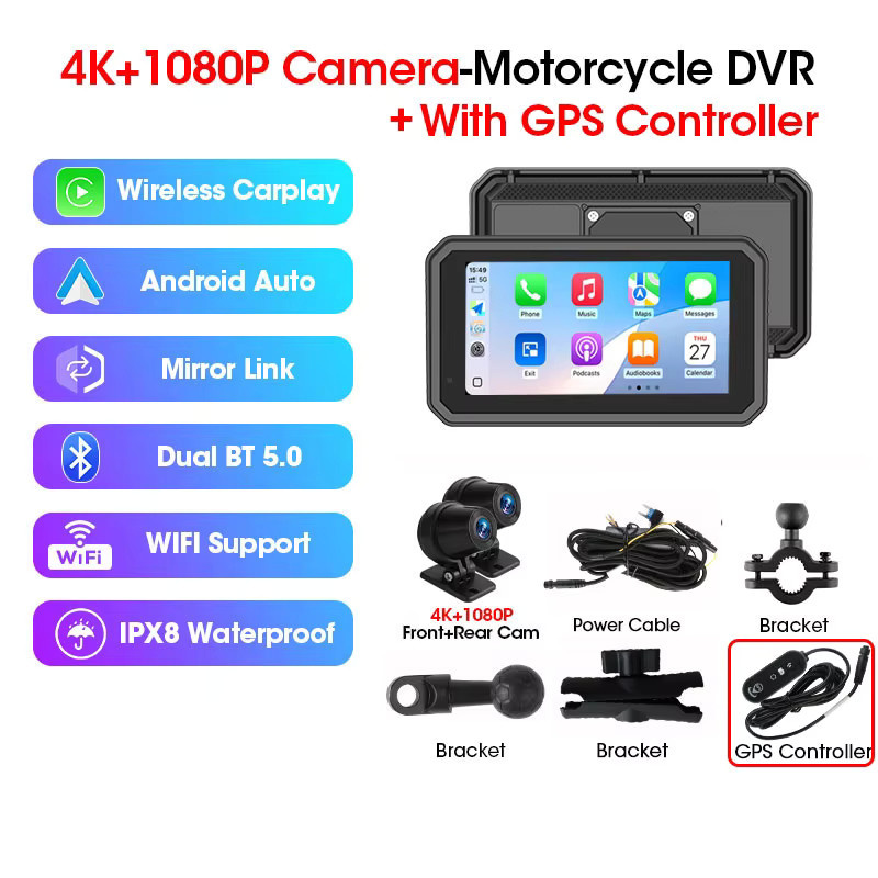 Srnubi Moto DVR GPS Motorrad Navigator mit 6,25 Zoll Touchscreen, 4K Frontkamera und 1080P Rückfahrkamera, Wireless CarPlay und Android Auto, Schwarz - Bild 5
