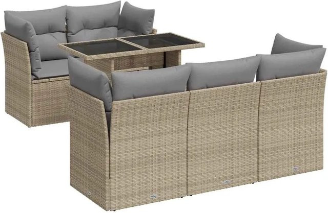 vidaXL 6-teilige Garten-Sofagarnitur in L-Form aus Poly-Rattan mit Kissen in Beige-grau - Bild 1