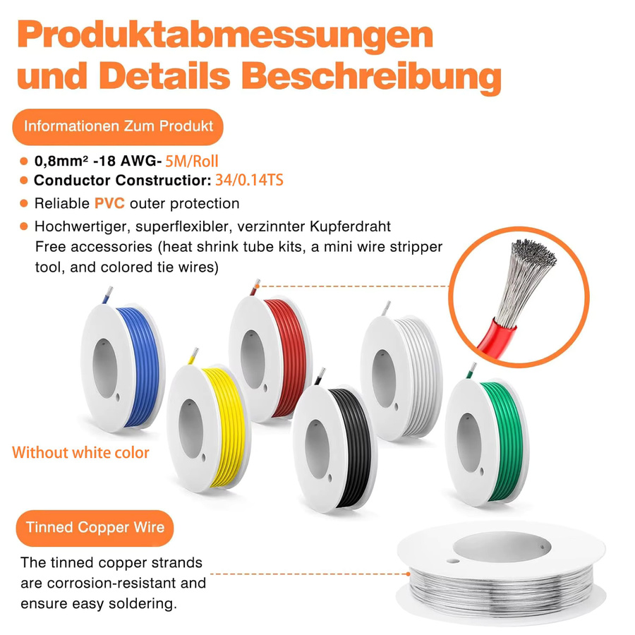 beteno UL1007 Draht mit PVC-Isolierung, verzinntes Kupferkabel 5-Farben-Mix-Kit, verschiedene AWG-Stärken - Bild 2