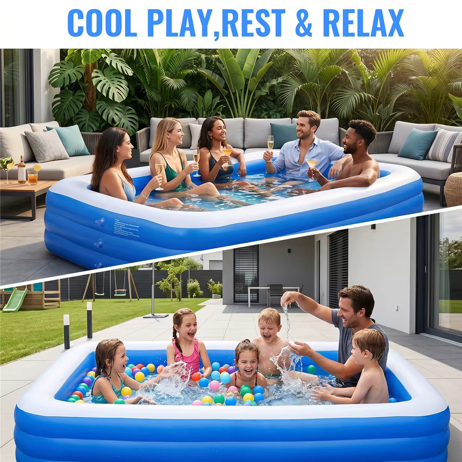 HGTUGO Aufblasbarer Familienpool in Blau, rechteckiges Schwimmbecken für Erwachsene und Kinder, B/T/H: 262 x 60 x 18 cm - Bild 7