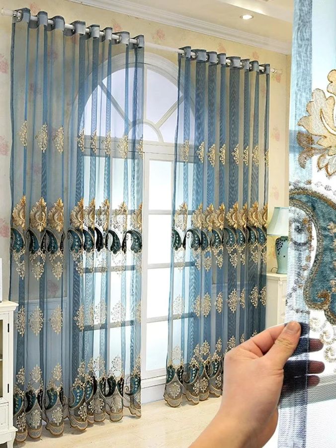 ZJBYZHOUSEHOLD Vorhang aus blauer Chili-Gaze mit Stickerei, transparent - Bild 2