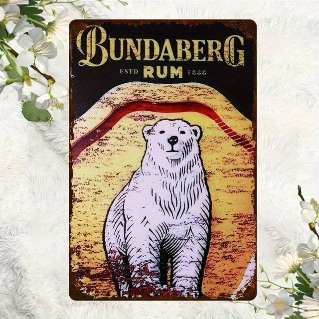 Bundaberg Rum 1888 Vintage Wandschild aus Metall mit weißem Bären Illustration im rustikalen Design - Bild 1