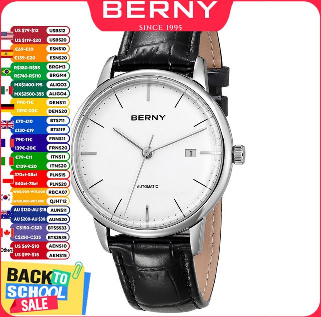 BERNY Armbanduhr Automatik, Edelstahl, Leder, Weiß, Herren - Bild 1