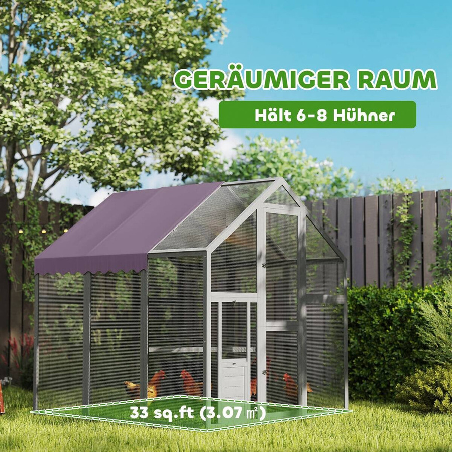 PawHut Hühnerstall Freilaufgehege aus Tannenholz mit wasserdichtem Anti-UV Dach in Grau, B/H/L: 183 x 182 x 168 cm - Bild 6