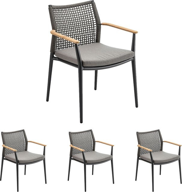 4er Set Solpuri VERA Stapelsessel mit Teak Armlehne und Sitzpolster in Aluminium Anthrazit und Bombay Anthrazit - Bild 1