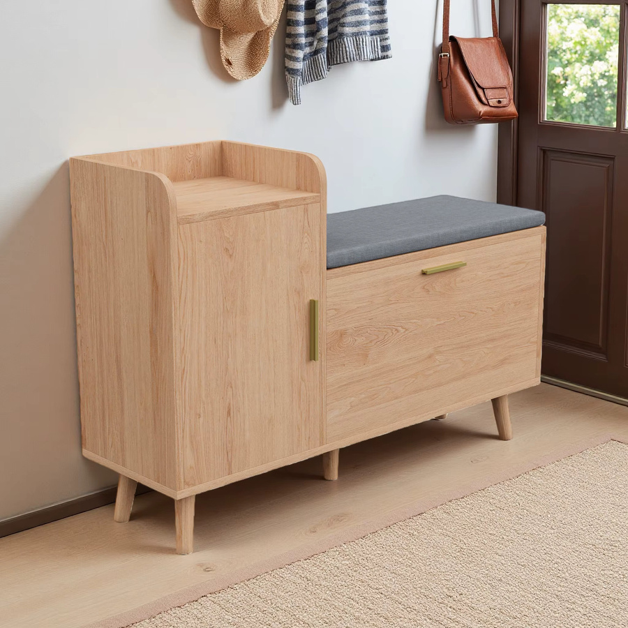 Superaly Schuhschrank mit aufklappbarer Tür und gepolsterter Sitzbank auf der rechten Seite in Braun und Beige - Bild 4