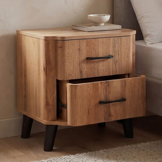 Nachttisch MCW-P42 mit 2 Schubladen aus MDF in Wotan-Eiche-Optik, B/T/H: 50 x 48 x 40 cm - Bild 1