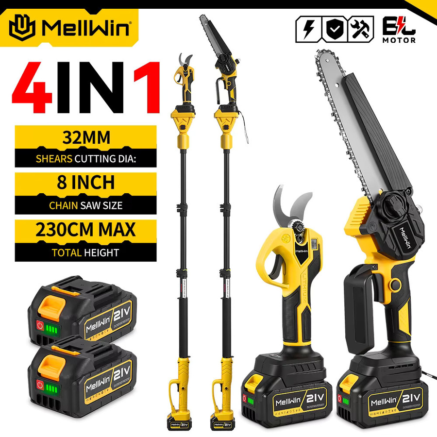 MELLWIN 4-in-1 Gartenpflegewerkzeug Set mit bürstlosem Teleskopstab, 8-Zoll-Kettensäge und 32-mm-Gartenschere, kompatibel mit Makita 18V LXT Akku, Farbe: Gelb - Bild 4