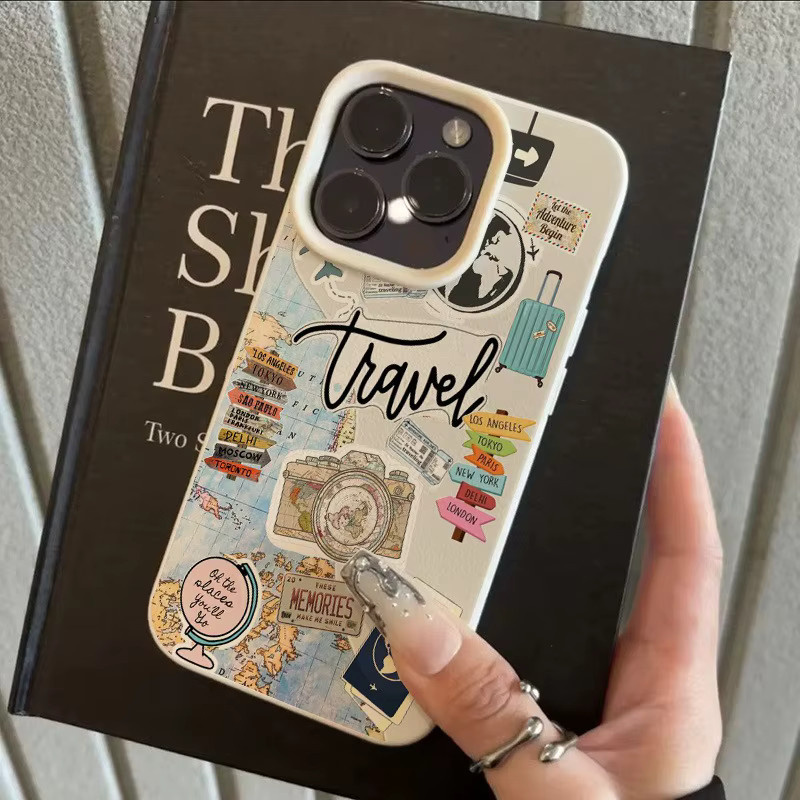 Handyhülle mit Reiseelement-Collage-Design und Lychee-Textur für Apple iPhone 11 bis 17 Pro Max Plus Air X XS XR, Multicolor, weiche Abdeckung - Bild 4