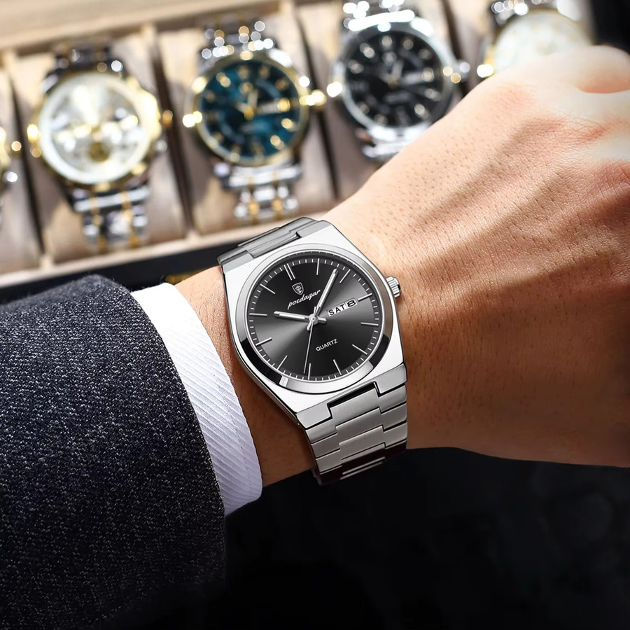POEDAGAR Armbanduhr Quarz, Edelstahl, Schwarz, Silber, Herren - Bild 5
