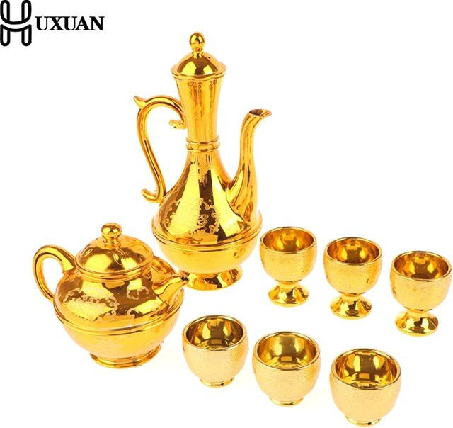 HUXUAN Teekannen-Set im Vintage-Stil mit Weingläsern und Krug in Gold - Bild 1
