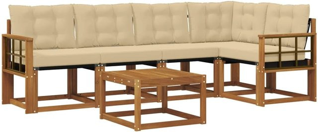vidaXL 6-teilige Outdoor-Sofagarnitur in L-Form aus Akazienholz mit Textilene und Kissen in Natur-Beige - Bild 1