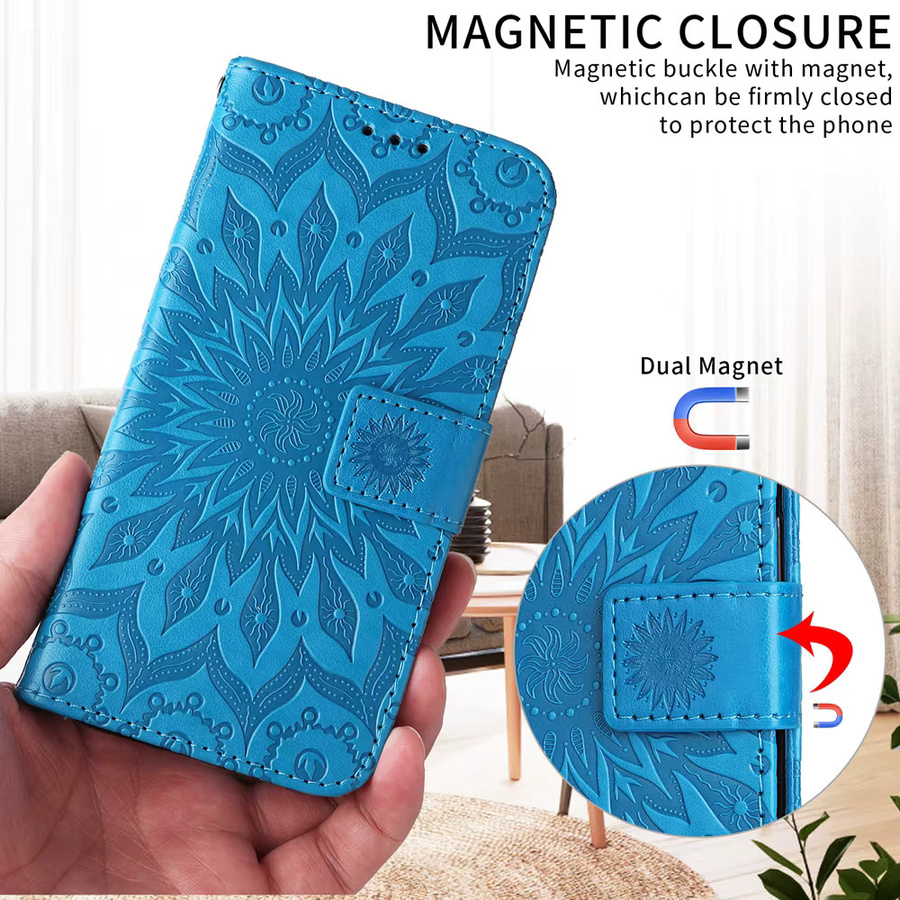 Sonnenblumen Leder-Wallet Schutzhülle für Motorola Moto Edge Serie in Blau mit Magnetverschluss und Kartenfächern - Bild 3