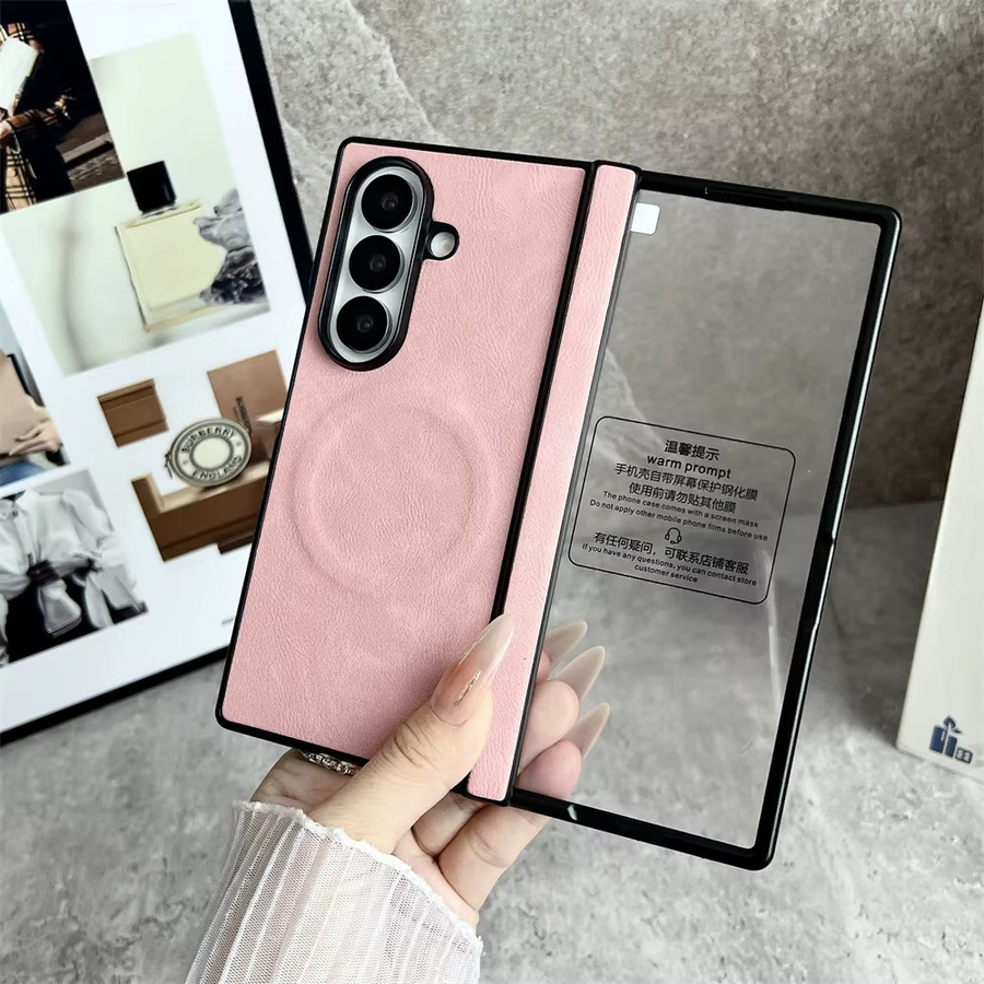 Xeber Klassische Leder-Magnetabdeckung mit Displayschutz aus gehärtetem Glas für Samsung Z Fold 7 und Galaxy Z Flip 6, 5, 4, 3 5G in Pink oder Purple - Bild 1