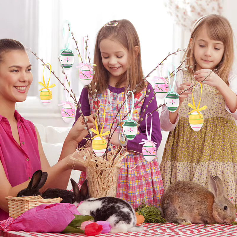 ZQNYCY 12er Set Bunte Ostern Eier Ornamente aus Kunststoff als Hängende Dekoration für Kinder und Party - Bild 2