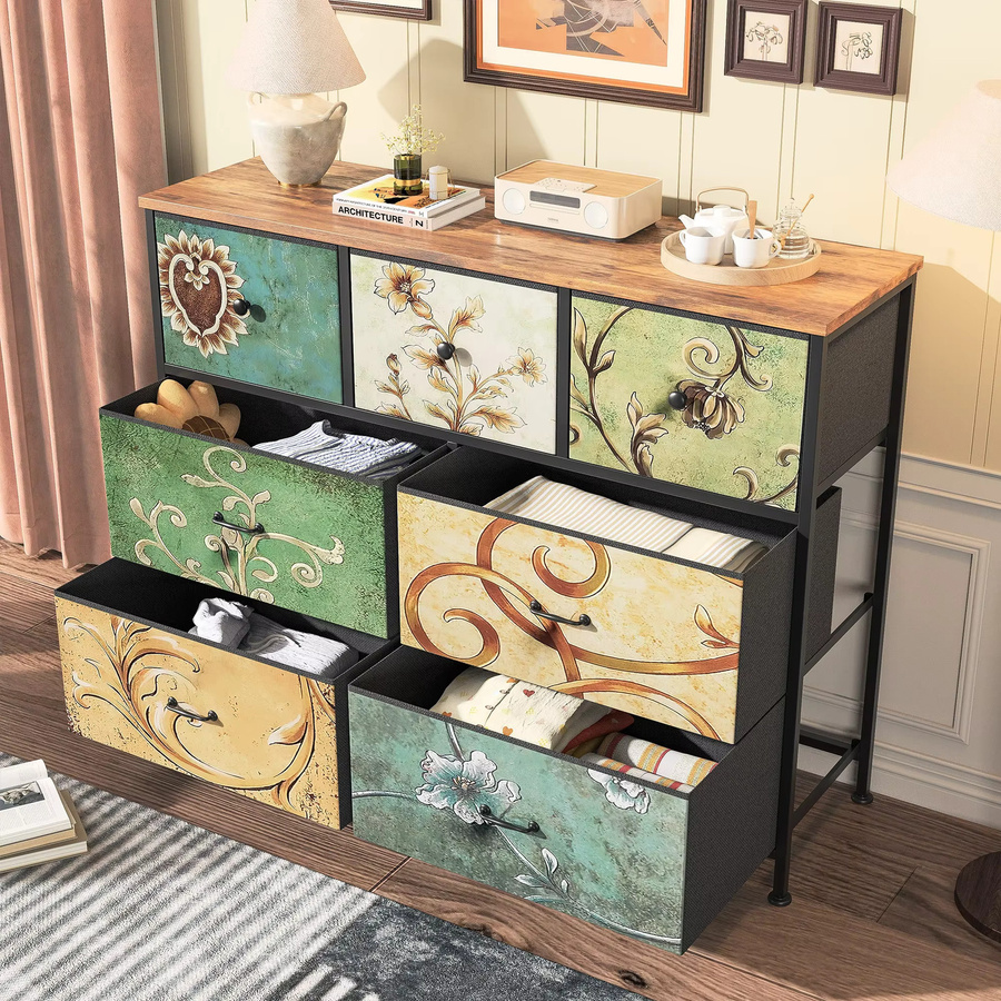 Rosahqnda Boho Kommode mit Schubladen aus Holz und Metall mit floralem Design - Bild 2