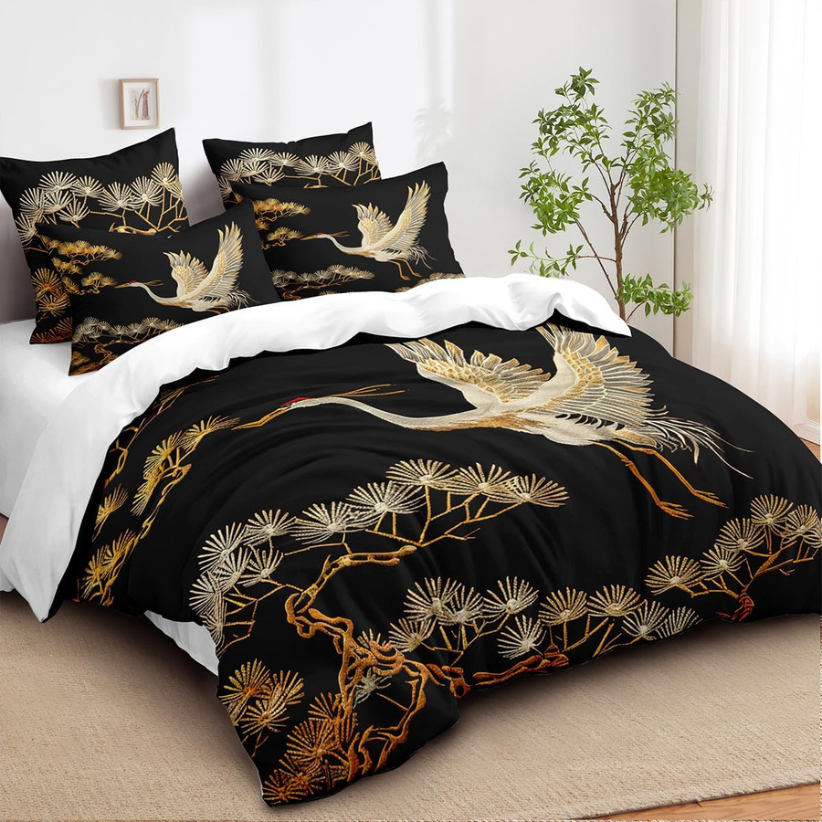 Bettwäsche Set Chinoiserie Design mit Kiefer und Kran in Schwarz Gold und Weiß, Queen Size Bettbezug und Kissenbezüge aus Mikrofaser, B/H: 228 x 228 cm - Bild 2