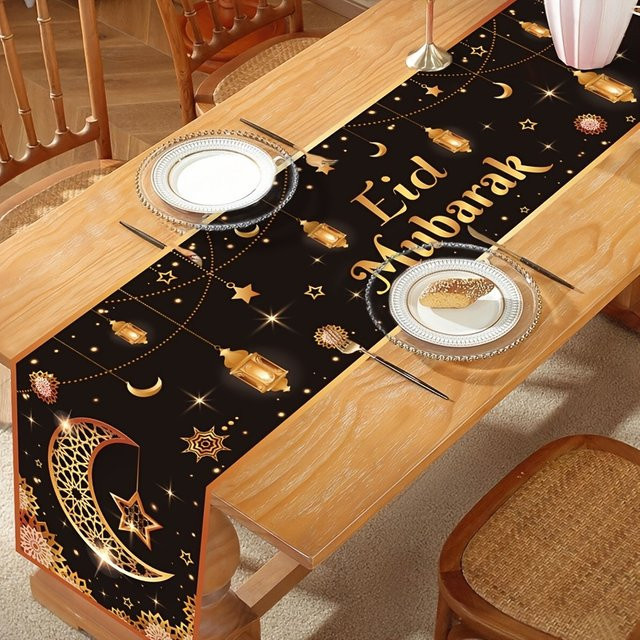 VIKAMA Tischläufer Schwarz-Gold mit Glitzer-Effekt für Eid Mubarak und festliche Anlässe, Material: Leinen, Breite: 33 cm, Länge: 90 cm - Bild 1