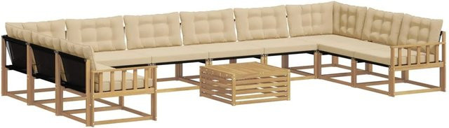 vidaXL Outdoor-Sofagarnitur aus Akazienholz und Textilene in U-Form, 11-teiliges Set mit Kissen in Weiß und Beige - Bild 1
