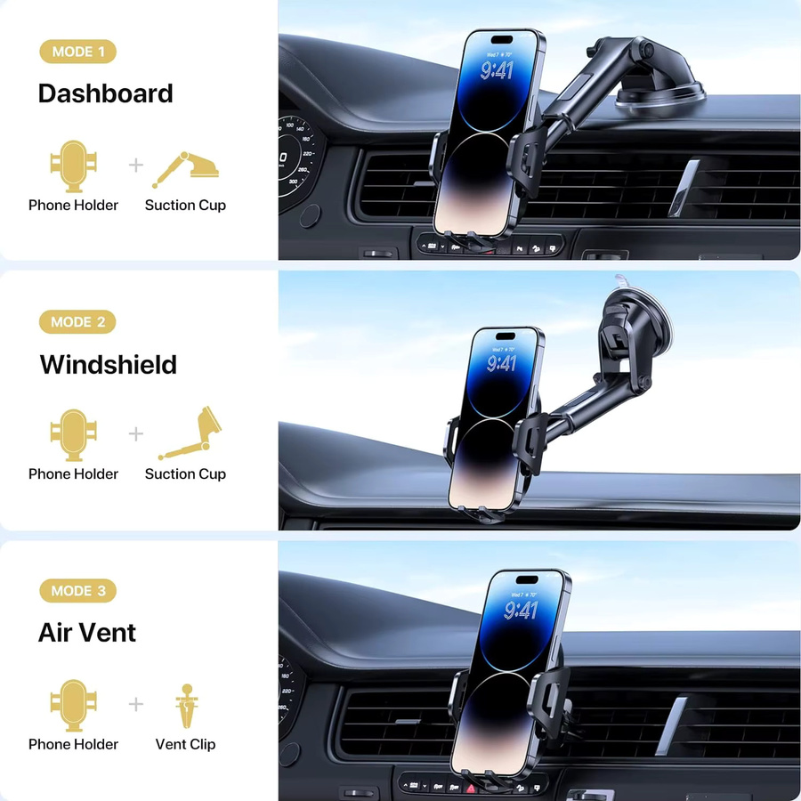 VIKEFON Multifunktionale Universal Auto Telefonhalterung in Schwarz für Dashboard, Windschutzscheibe oder Lüftungsschlitz zur Befestigung von iPhone, Samsung und Xiaomi sowie GPS-Geräten - Bild 2