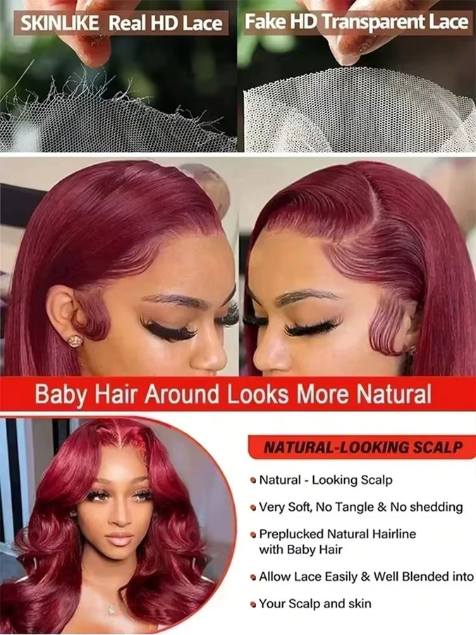 BUNGIOL Perücke Echthaar, Body Wave, Burgunderrot, 36 Zoll, 250% Dichte - Bild 5
