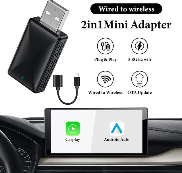 FLIXIVI 2-in-1 Wireless Carplay und Android Auto Adapter in Schwarz für OEM-Fahrzeuge mit USB Plug-and-Play - Bild 1