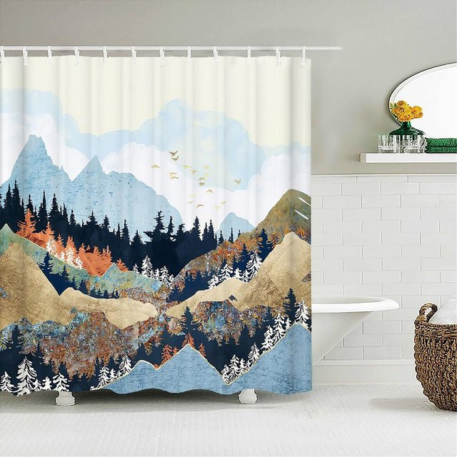Wasserdichter Duschvorhang aus Polyestergewebe mit Samurai-Landschaft und Wellen-Design in Multicolour, B: 90 cm, H: 180 cm - Bild 1