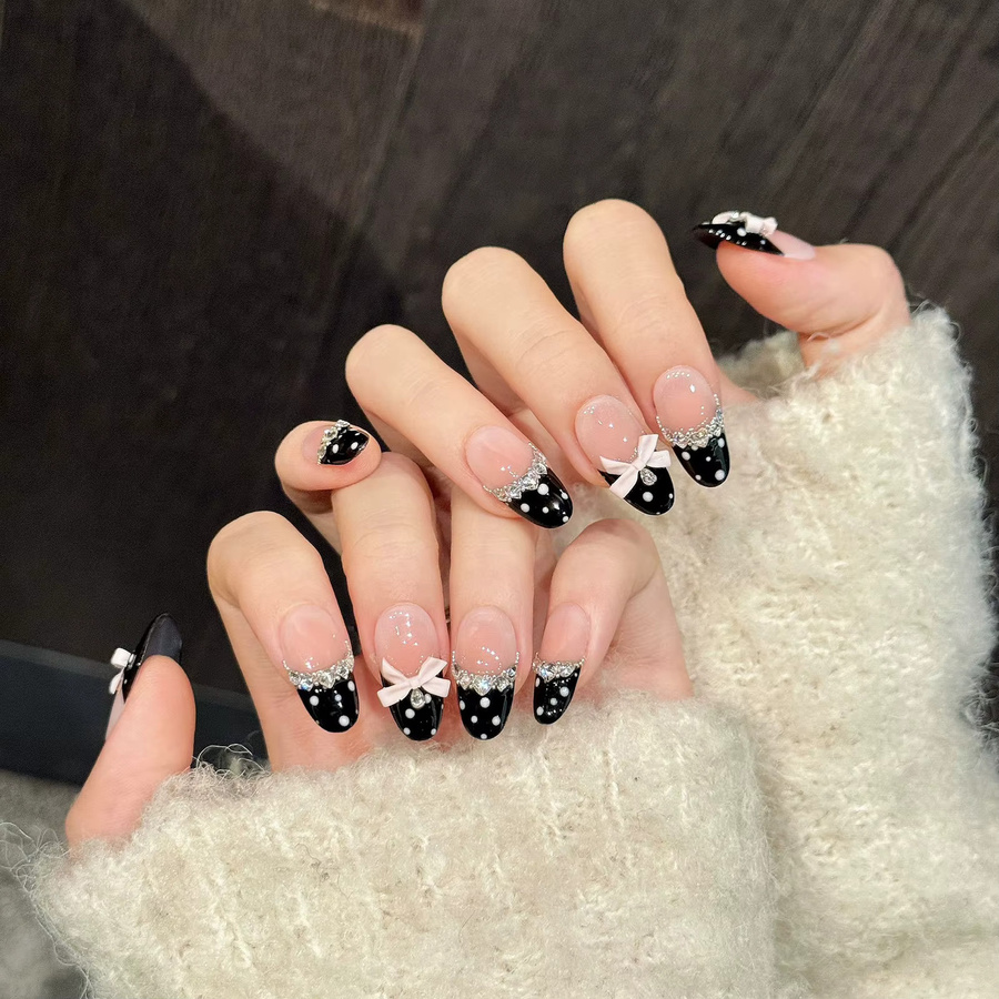 YADORNOS Press-on-Nägel, Mandelform, Polka-Dot-Muster, Schwarz, Glänzend, 10 Stück - Bild 2