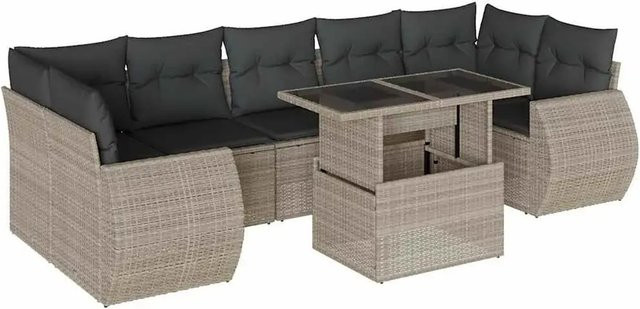 vidaXL 8-teilige Garten-Sofagarnitur in L-Form aus Poly-Rattan mit Kissen in Hellgrau - Bild 1