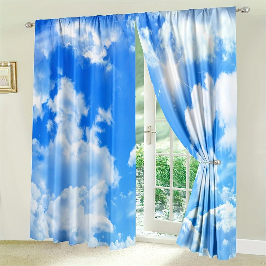 2er-Set Vorhänge mit Naturlandschaft Blauer Himmel und Weißen Wolken von Household supplies, semi-transparent, Farbe: Blau und Weiß, B x H: 210 x 230 cm - Bild 2