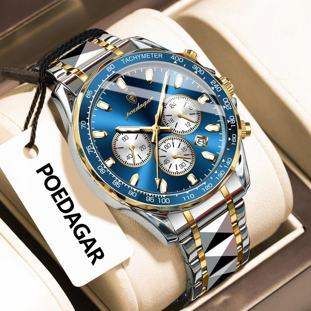 POEDAGAR Armbanduhr Chronograph, Quarz, Edelstahl, Blau, Herren - Bild 1