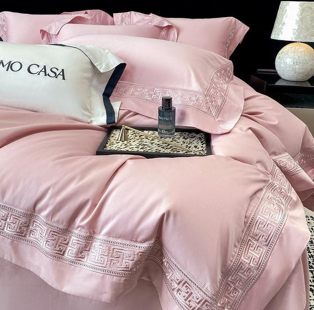 Bin Chi Textiles Bettwäsche Set aus 100% ägyptischer Baumwolle mit Stickerei, 4-teilig, Rosa, B/H: 200 x 230 cm - Bild 1