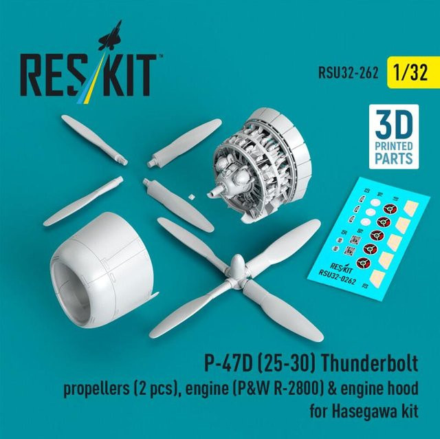 Hasegawa P-47D Thunderbolt, Propeller, Motor & Motorhaube, 2-teiliges Set - Bild 1
