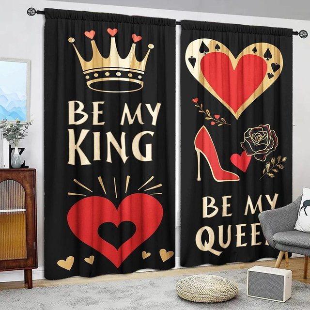 2er-Set bedruckte Vorhänge Be My King/Queen in Rot, halbtransparentes Dekovorhänge aus Polyester für Wohnzimmer, Schlafzimmer oder Büro, Breite: 52,5 cm, Höhe: 116 cm - Bild 1