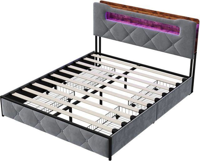 PXloue Bettgestell aus Samt mit LED-Beleuchtung, USB-Ladefunktion und Bettkastenschubladen, B/T/H: 160 x 200 x 103 cm, Grau/Beige - Bild 1