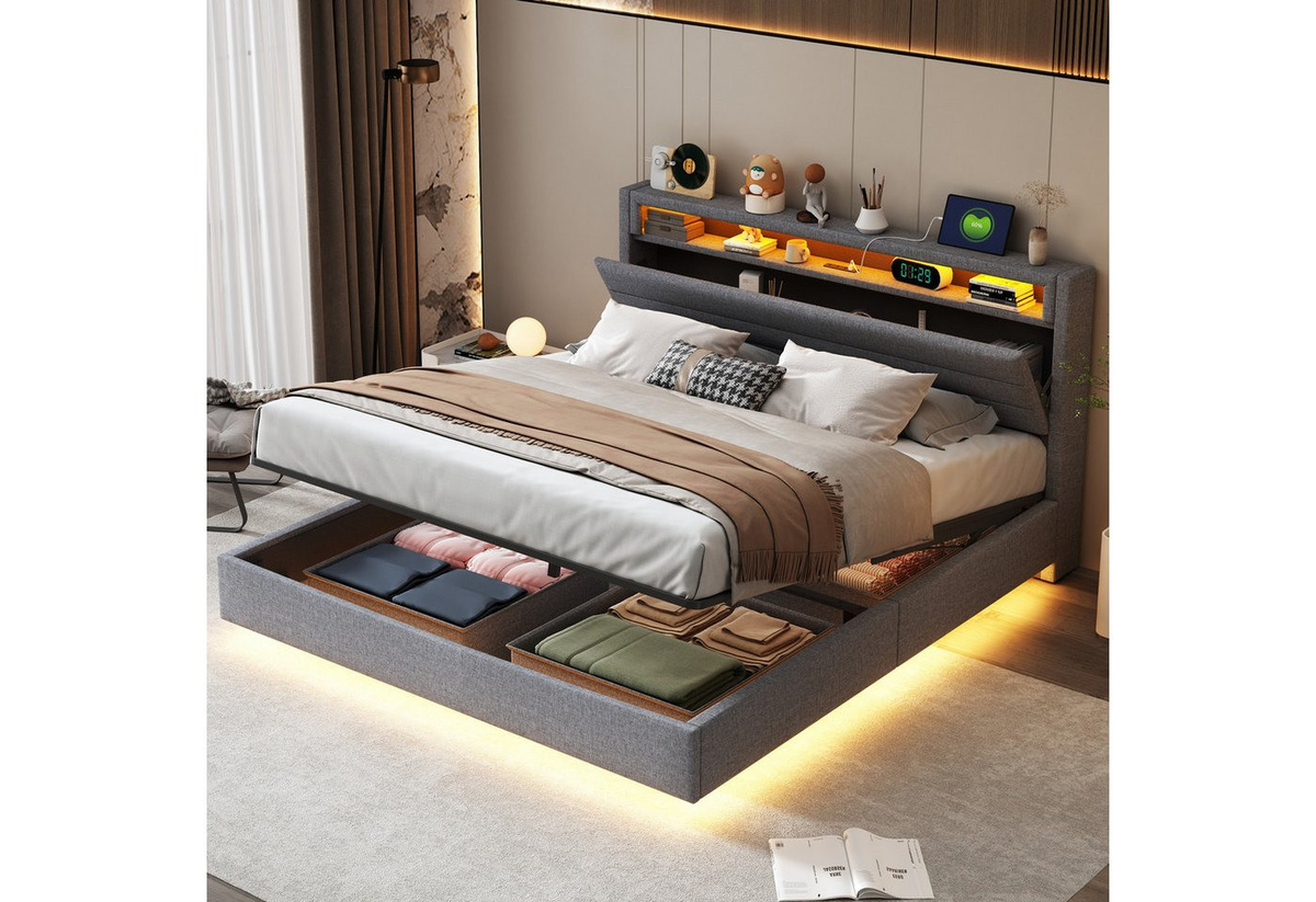 Flieks Polsterbett mit LED und hydraulischem Schwebebett-Mechanismus inklusive USB-Anschluss, B/T: 160 x 200 cm - Bild 1