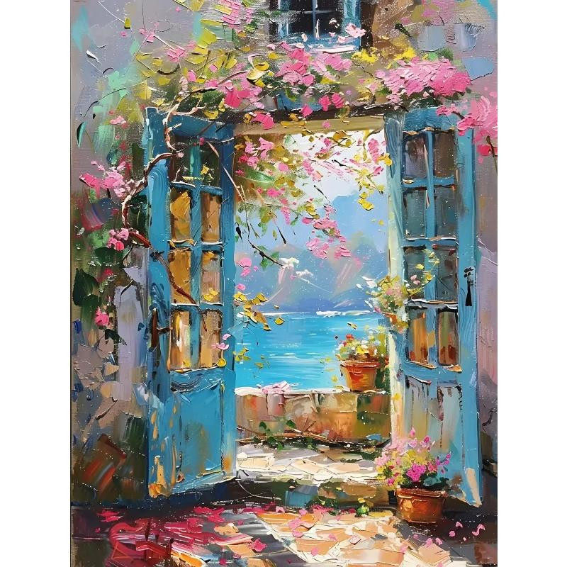 Moderner Leinwanddruck aidegou30 mit abstrakter Graffiti Stadtlandschaft und Meerblick in Multicolor, Breite: 40 cm, Höhe: 60 cm, ohne Rahmen - Bild 2