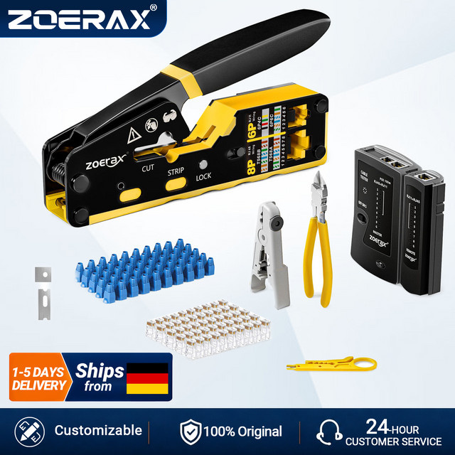 ZoeRax 8 in 1 RJ45 Crimpwerkzeug-Set in Gelb mit Kabeltester, Drahtschneider und 50 Cat6-Steckverbindern inklusive Booties - Bild 1