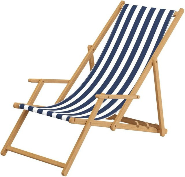 Erst-Holz Holz-Liegestuhl Sonnenliege aus Buchenholz mit blau-weiß gestreiftem UV-beständigem Stoff und verstellbarer Kopfstütze, Farbe: Blau-Weiß - Bild 1