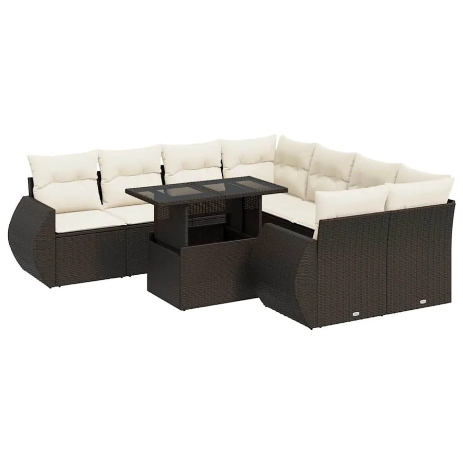 vidaXL 9-tlg. Garten-Sofagarnitur in L-Form aus braunem Poly-Rattan mit cremeweißen Kissen und pulverbeschichtetem Stahlgestell - Bild 2