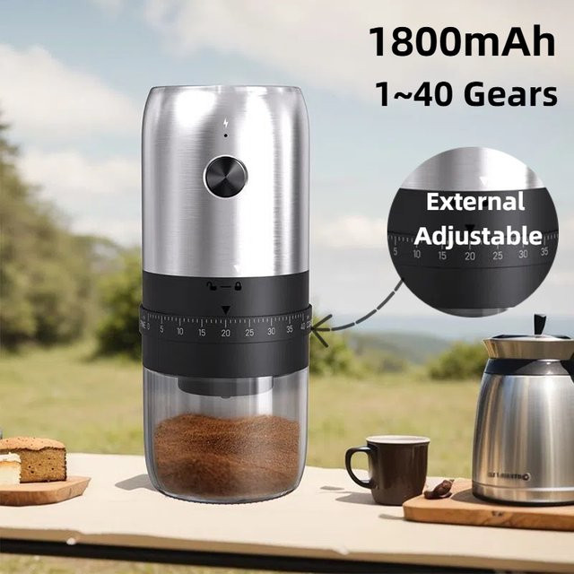 Elektrische Kaffeemühle von CREAROMA, USB wiederaufladbar, verstellbarer Mahlgrad, Schwarz/Silber aus Edelstahl - Bild 1