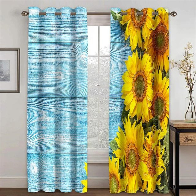 Yiran Furniture Sonnenblume Vorhänge mit floralem Retro-Design in Gelb, 2er-Set, semi-transparent, B: 100 cm, H: 160 cm - Bild 1