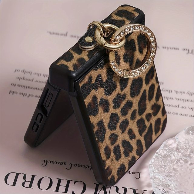 Leopardenmuster Hartschalen Handyhülle für Samsung Galaxy Z Flip 5 4 3 5G mit Diamantbeschichtetem Ringverschluss in Braun Multicolour - Bild 1