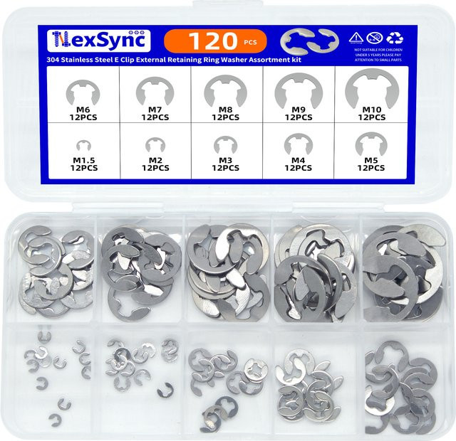 NexSync 120 Stück E-Sicherungsringwelle Set aus Edelstahl in Silber für die Schaftbefestigung - Bild 1